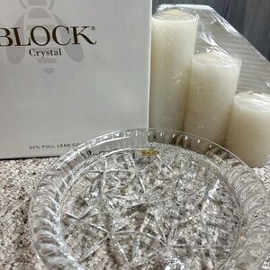 Block Crystal. 24% Full Lead Crystal plate with 3 candles. New in the box.